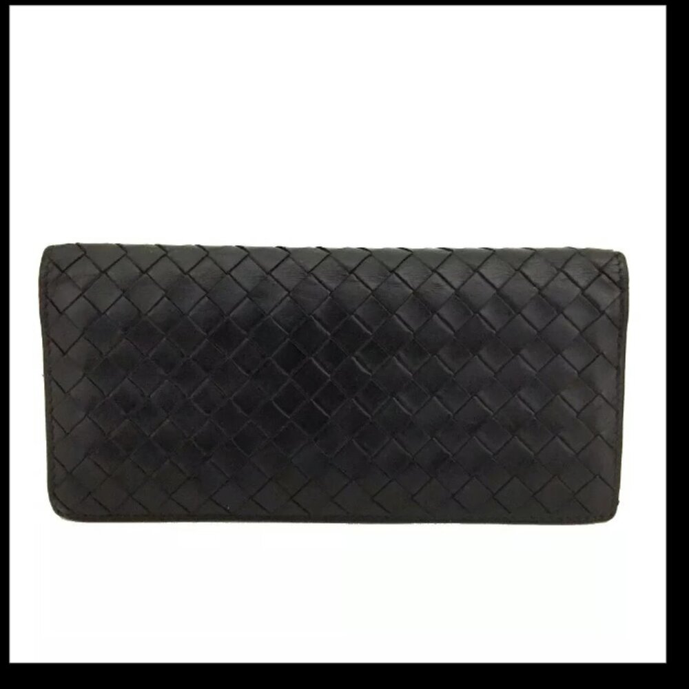 AUTHENTIC BOTTEGA VENETA BLACK INTRECCIATO LAMBSKIN LONG BIFOLD WALLET